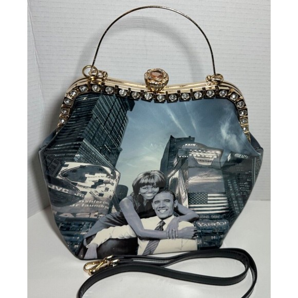 Obama`s Time Square Handbag Women`s Black & White Printed Photo Strap Purse - Picture 4 of 10